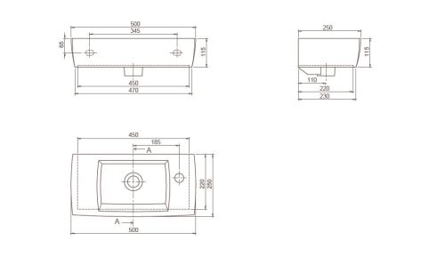 CeraStyle CITY MINI - porcelán mosdó - JOBB csaplyukkal - 50 x 25 cm