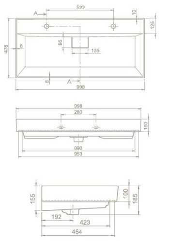 CeraStyle SHARP - porcelán mosdókagyló - DUPLA csaplyukas - 100 x 48 cm