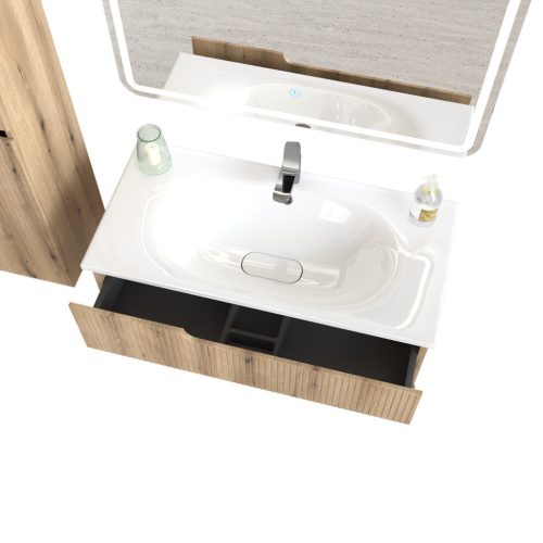 Piramida EURIDIKA fali fürdőszobabútor - műmárvány mosdóval -2 fiókos - PINO TÖLGY - 100 x 48 x 53 cm