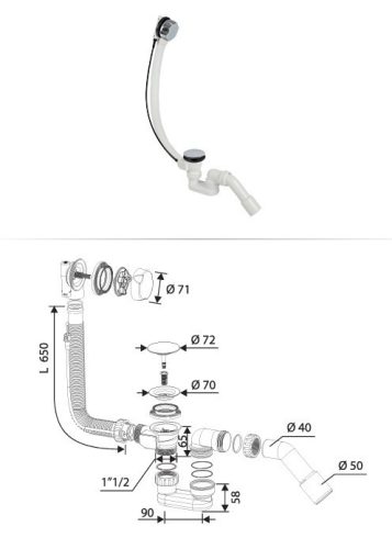CR kádszifon - KRÓM - Automata leeresztővel - KRÓM túlfolyóval - 55 cm x 40/50mm