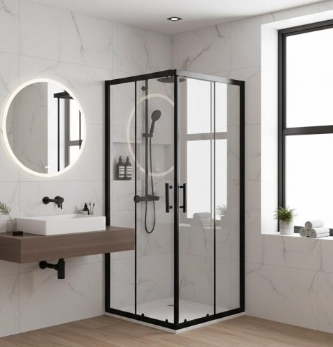 Viva AQUA Max Zuhanykabin SZÖGLETES FEKETE Profil - 6 mm víztiszta üveg - 80 x 80 x 190 cm