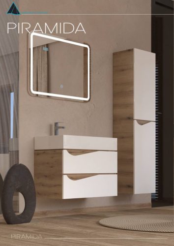 Piramida EURIDIKA fali fürdőszobabútor - műmárvány mosdóval -2 fiókos - ALPINFEHÉR-TÖLGY - 70 x 41 x 56 cm