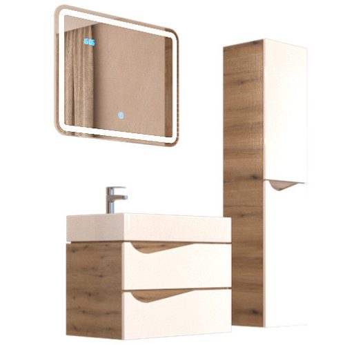 Piramida EURIDIKA fali fürdőszobabútor - műmárvány mosdóval -2 fiókos - ALPINFEHÉR-TÖLGY - 70 x 41 x 56 cm