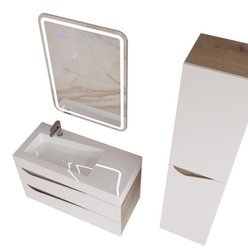 Piramida EURIDIKA fali fürdőszobabútor - műmárvány mosdóval -2 fiókos - ALPINFEHÉR-TÖLGY - 70 x 41 x 56 cm