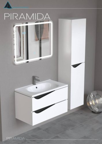 Piramida EURIDIKA fali fürdőszobabútor - műmárvány mosdóval -2 fiókos - ALPINFEHÉR-FEKETE - 75 x 48 x 55 cm