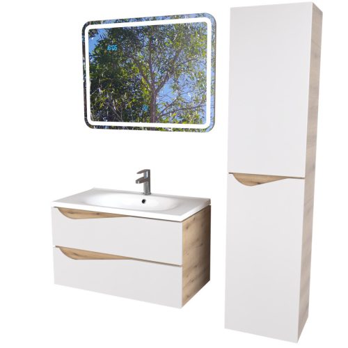 Piramida EURIDIKA fali fürdőszobabútor - műmárvány mosdóval -2 fiókos - ALPINFEHÉR-TÖLGY - 75 x 48 x 55 cm