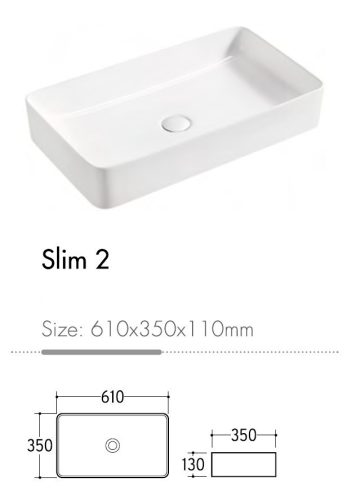 Eros SLIM 2 - PULTRA ültethető - Top Counter - porcelán mosdó - 61 x 35 x 11 cm