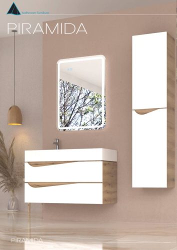 Piramida EURIDIKA fali fürdőszobabútor - műmárvány mosdóval -2 fiókos - ALPINFEHÉR-TÖLGY - 90 x 41 x 56 cm