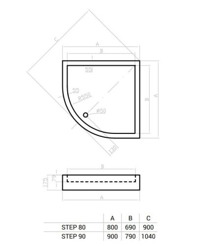 Favorit STEP zuhanytálca íves - szaniter akril - 90 x 90 cm