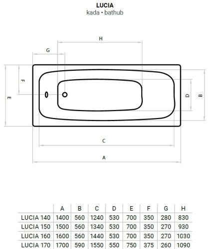Favorit LUCIA szaniter akril kád - előlappal - oldallappal - állvánnyal - 150 x 70 cm