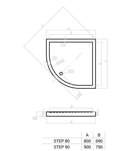 Favorit ULTRA SLIM zuhanytálca íves - szaniter akril - leeresztővel - szifonnal - 80 x 80 cm