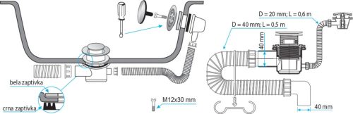 TEXO kádszifon - KRÓM - Klikk - klakk leeresztővel - flexibilis csővel - Ø 5/4" x 0,5 m x Ø 40 mm