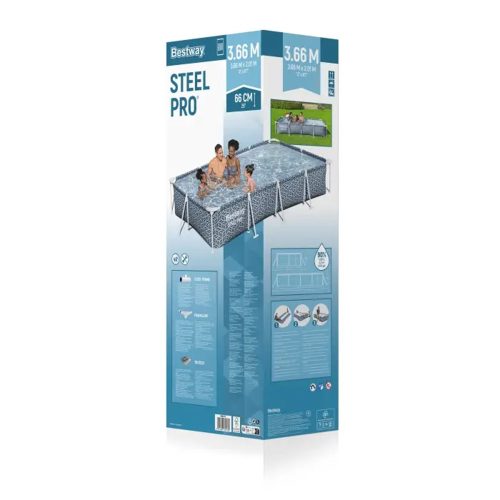 BESTWAY Steel Pro csővázas medence, 366 × 201 × 66 cm, tartozékok nélkül, téglalap alakú, leeresztőszeleppel (561FT)