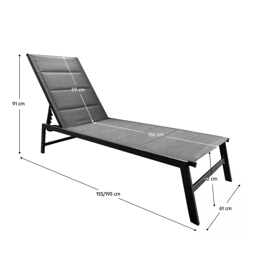 Állítható kerti napozóágy, fekete/szürke, LOPEZ