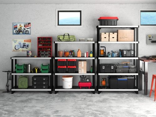 Keter FUSED 4 polcos fémmerevítésű állvány – 720 kg teherbírás, fekete/szürke