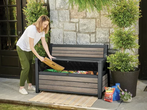 Keter DECO GARDEN kerti tároló pad – 227 L, ülőpad + tároló, Ashwood