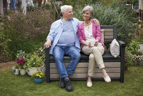 Keter DECO GARDEN kerti tároló pad – 227 L, ülőpad + tároló, Ashwood