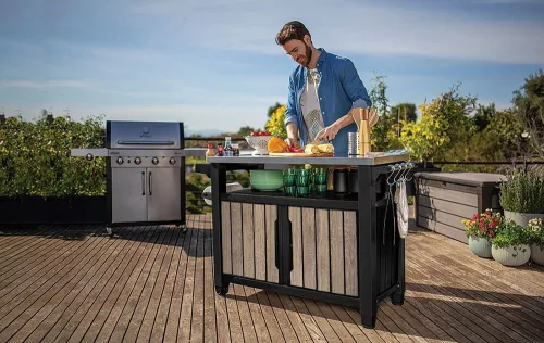 Keter UNITY XL műanyag kerti grill asztal – 207 L, kőrisfa 