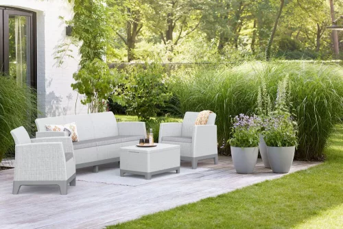 Keter SCANDI FORMA 3 személyes kerti bútor szett – 5 fős, sofa + 2 fotel + tárolós asztal, Ash grey / Storm grey