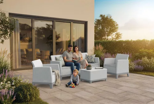 Keter SCANDI FORMA 3 személyes kerti bútor szett – 5 fős, sofa + 2 fotel + tárolós asztal, Ash grey / Storm grey