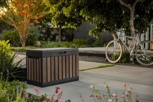 Keter KENTWOOD kerti tároló box – 190 L, ülhető párnatartó, walnut