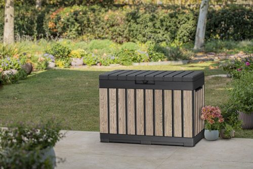 Keter KENTWOOD kerti tároló box – 190 L, ülhető párnatartó, ashwood
