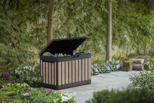 Keter KENTWOOD kerti tároló box – 190 L, ülhető párnatartó, ashwood