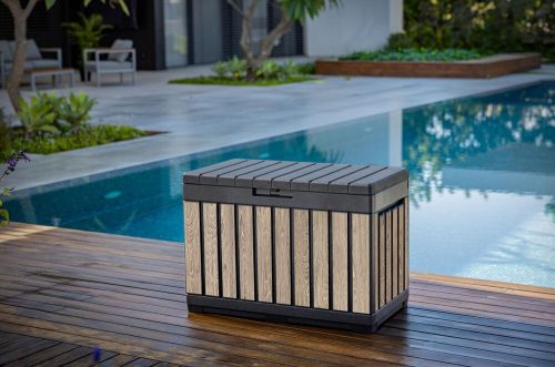 Keter KENTWOOD kerti tároló box – 190 L, ülhető párnatartó, ashwood