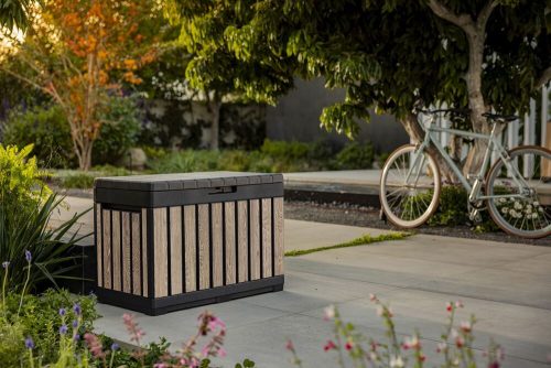 Keter KENTWOOD kerti tároló box – 190 L, ülhető párnatartó, ashwood