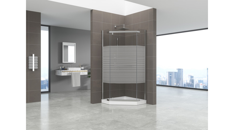 Ötszögletű üveg zuhanykabin tálcával csíkos 90x90x185